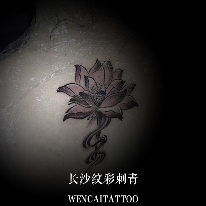 长沙曹小姐后背的莲花纹身图案
